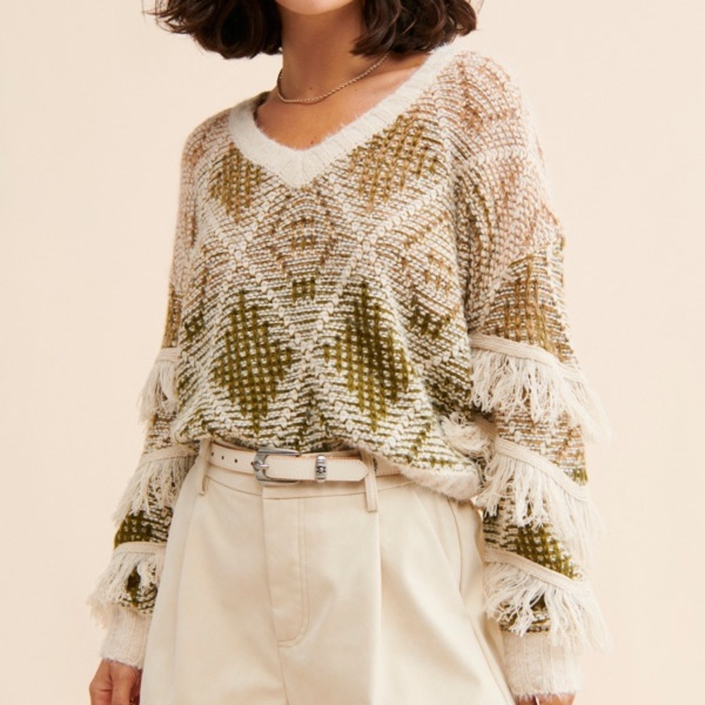Women's Fringe Sweater - Olive and Cream, Size S